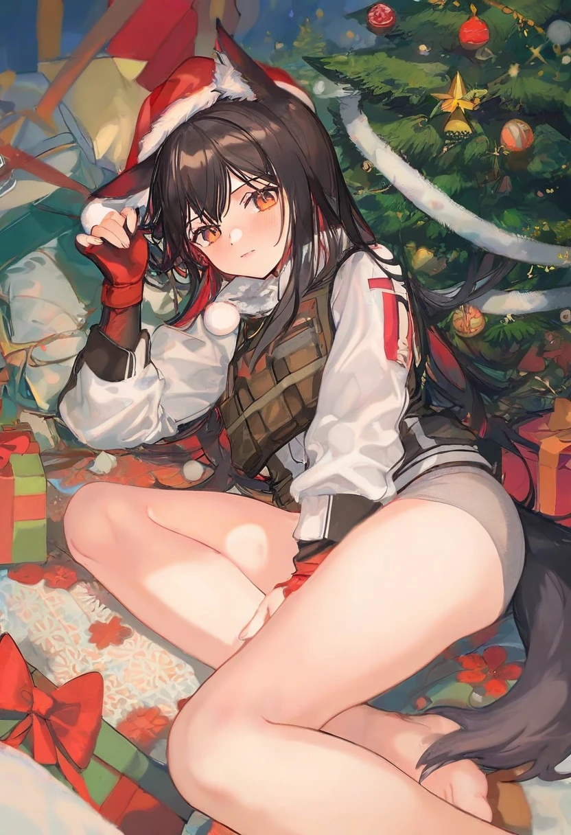 [ningen mame],ciloranko,tianliang duohe fangdongye,atdan, - 1girl,texas \(arknights\),arknights,underwear,tactical vest,christmas tree,christmas ornaments,
