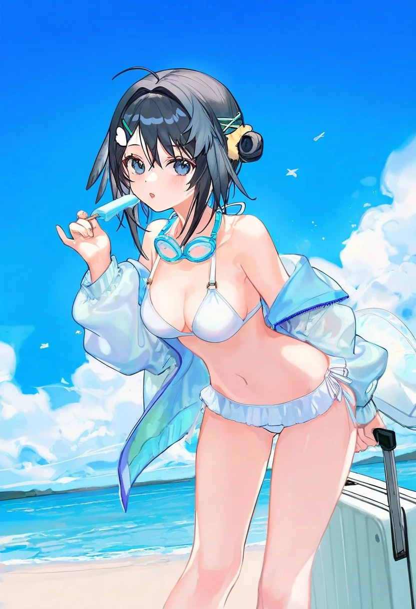 [ningen mame],ciloranko,tianliang duohe fangdongye,atdan, - 1girl,la pluma \(summer flowers\) \(arknights\),arknights,white bikini,outdoors,navel,day,sky,blue sky,beach,suitcase,looking at viewer,ocean,low-tied long hair,leaning forward,standing,holding,frills,hand up,bare shoulders,floating hair,