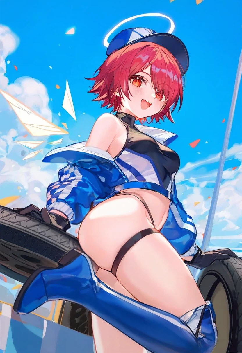 [ningen mame],ciloranko,tianliang duohe fangdongye,atdan, - 1girl,exusiai \(arknights\),arknights,black gloves,black panties,blue thigh boots,blue hat,blue jacket,long sleeves,race queen,thigh strap,thong,single bare shoulder,skindentation,tire,
