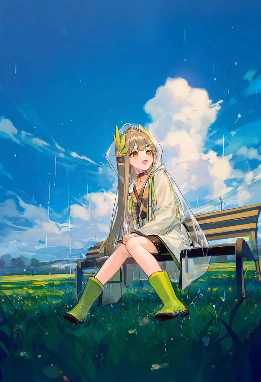 [ningen mame],ciloranko,tianliang duohe fangdongye,atdan, - 1girl,muelsyse \(arknights\),arknights,cloudy sky,grass,on bench,outdoors,rain,road,yellow rubber boots,see-through coat,sitting,transparent raincoat,water drop,