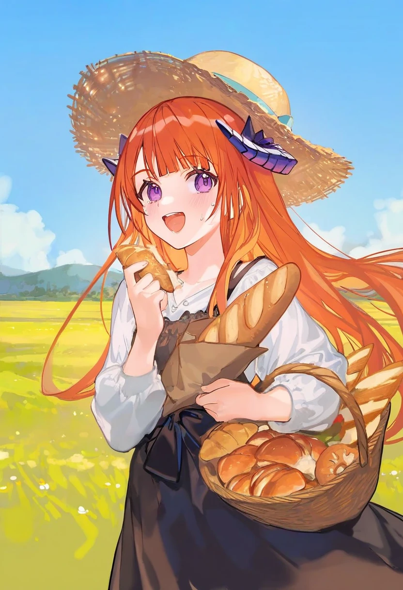 [ningen mame],ciloranko,tianliang duohe fangdongye,atdan, - 1girl,bagpipe \(arknights\),arknights,baguette,blush,bread,croissant,holding basket,pretzel,upper body,straw hat,field,sky,laughing,sweat,sunlight,