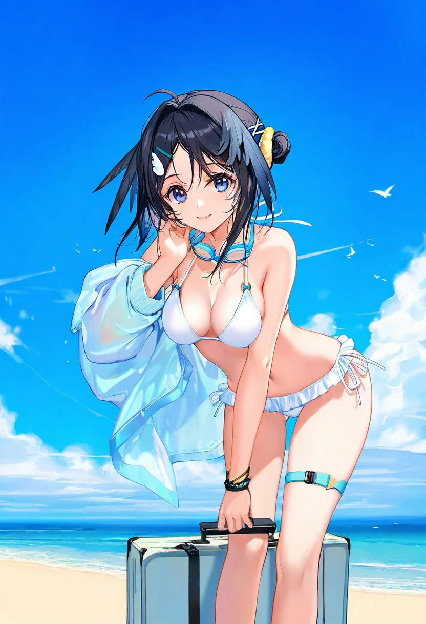 [ATDAN],ciloranko,[tidsean],[ke-ta],((chiaroscuro)),[as109]],[sho \(sho lwlw\)]], - 1girl,la pluma \(summer flowers\) \(arknights\),arknights,white bikini,outdoors,navel,day,sky,blue sky,beach,suitcase,looking at viewer,ocean,low-tied long hair,leaning forward,standing,holding,frills,hand up,bare shoulders,floating hair,