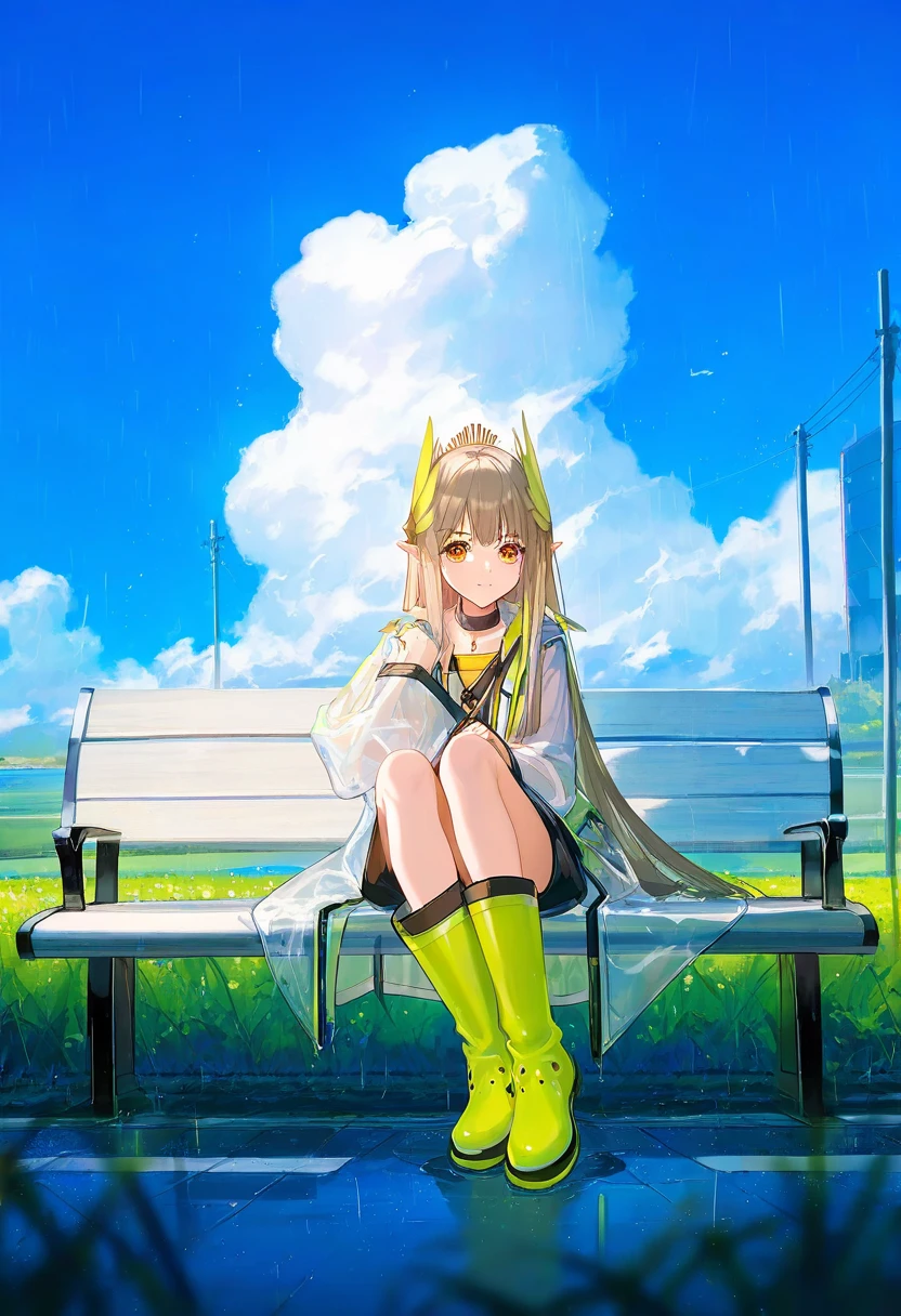[ATDAN],ciloranko,[tidsean],[ke-ta],((chiaroscuro)),[as109]],[sho \(sho lwlw\)]], - 1girl,muelsyse \(arknights\),arknights,cloudy sky,grass,on bench,outdoors,rain,road,yellow rubber boots,see-through coat,sitting,transparent raincoat,water drop,