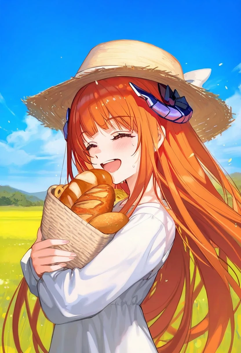 [ATDAN],ciloranko,[tidsean],[ke-ta],((chiaroscuro)),[as109]],[sho \(sho lwlw\)]], - 1girl,bagpipe \(arknights\),arknights,baguette,blush,bread,croissant,holding basket,pretzel,upper body,straw hat,field,sky,laughing,sweat,sunlight,