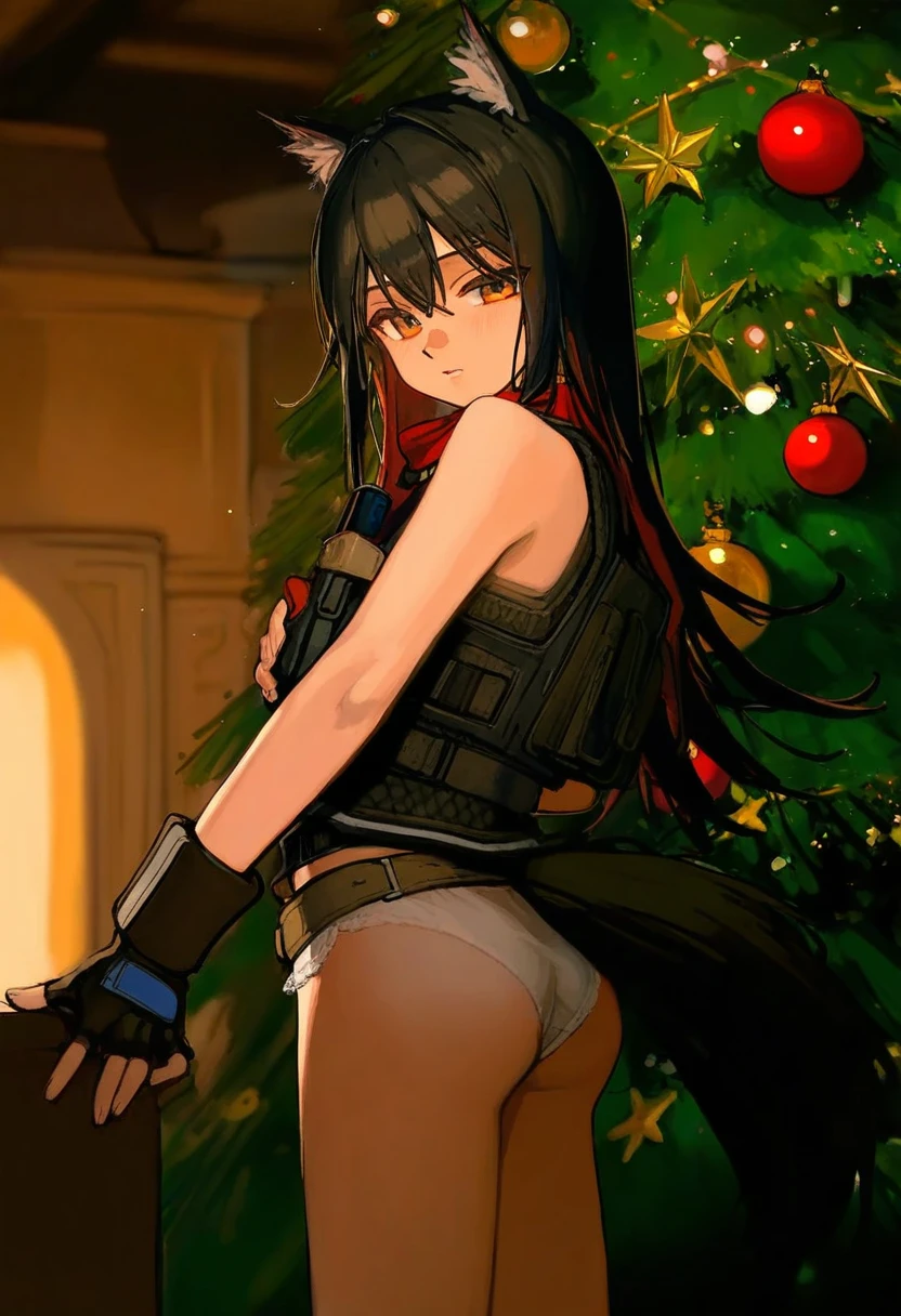[ningenmame],ciloranko,[sho\(sho lwlw\)],[[tianliang duohe fangdongye]],[[rhasta]],[As109], - 1girl,texas \(arknights\),arknights,underwear,tactical vest,christmas tree,christmas ornaments,