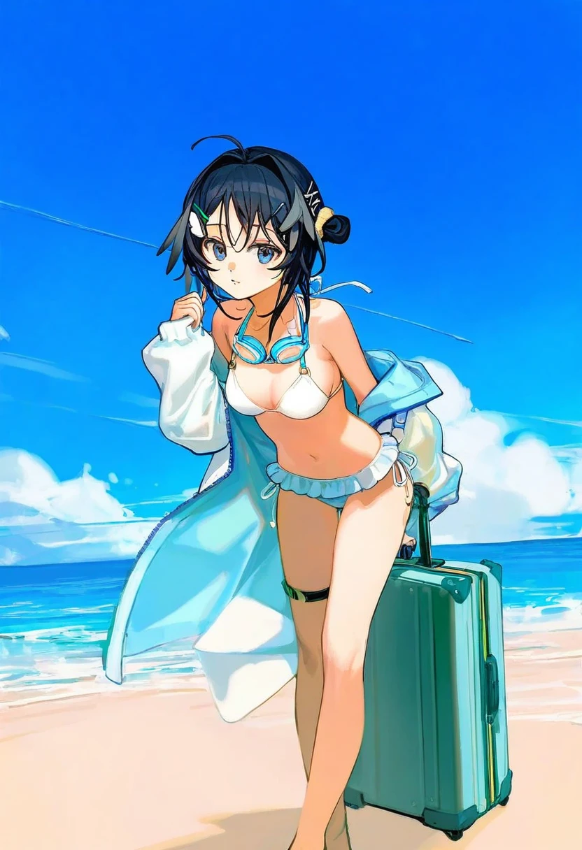 [ningenmame],ciloranko,[sho\(sho lwlw\)],[[tianliang duohe fangdongye]],[[rhasta]],[As109], - 1girl,la pluma \(summer flowers\) \(arknights\),arknights,white bikini,outdoors,navel,day,sky,blue sky,beach,suitcase,looking at viewer,ocean,low-tied long hair,leaning forward,standing,holding,frills,hand up,bare shoulders,floating hair,