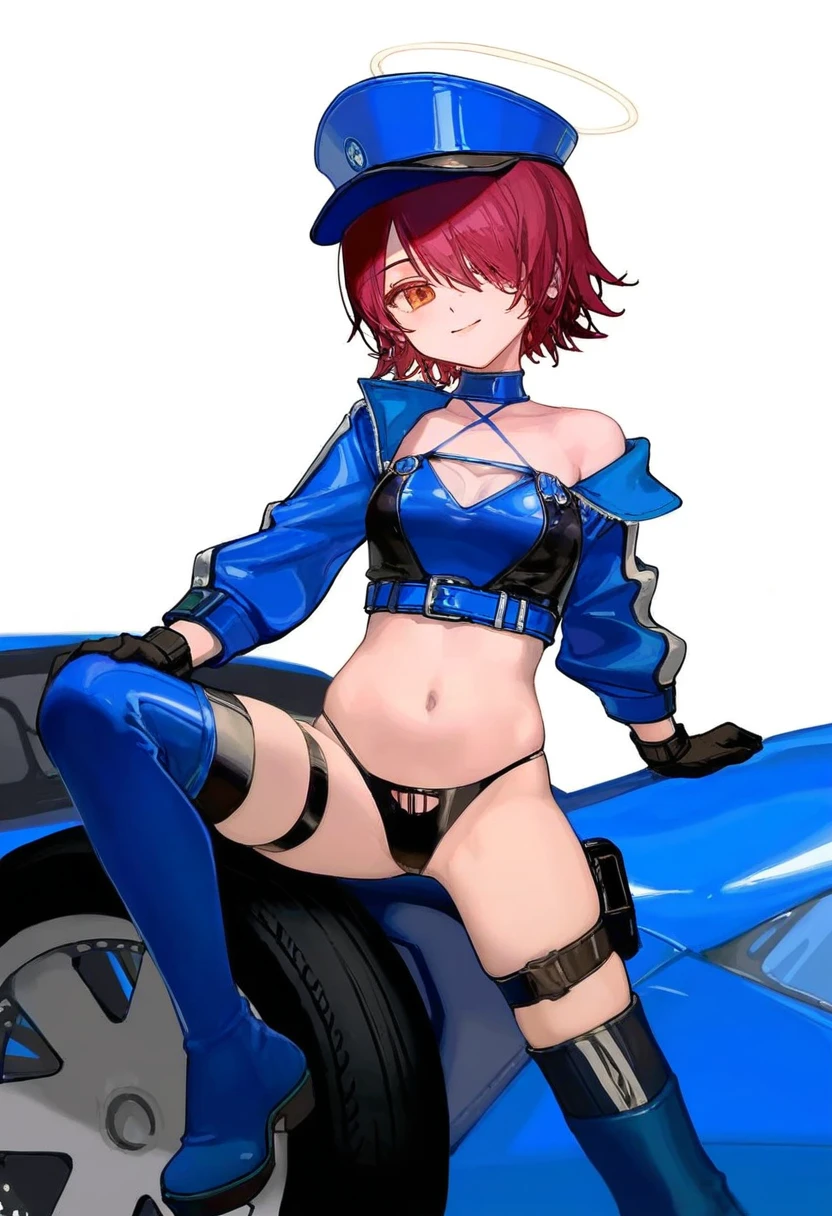 [ningenmame],ciloranko,[sho\(sho lwlw\)],[[tianliang duohe fangdongye]],[[rhasta]],[As109], - 1girl,exusiai \(arknights\),arknights,black gloves,black panties,blue thigh boots,blue hat,blue jacket,long sleeves,race queen,thigh strap,thong,single bare shoulder,skindentation,tire,