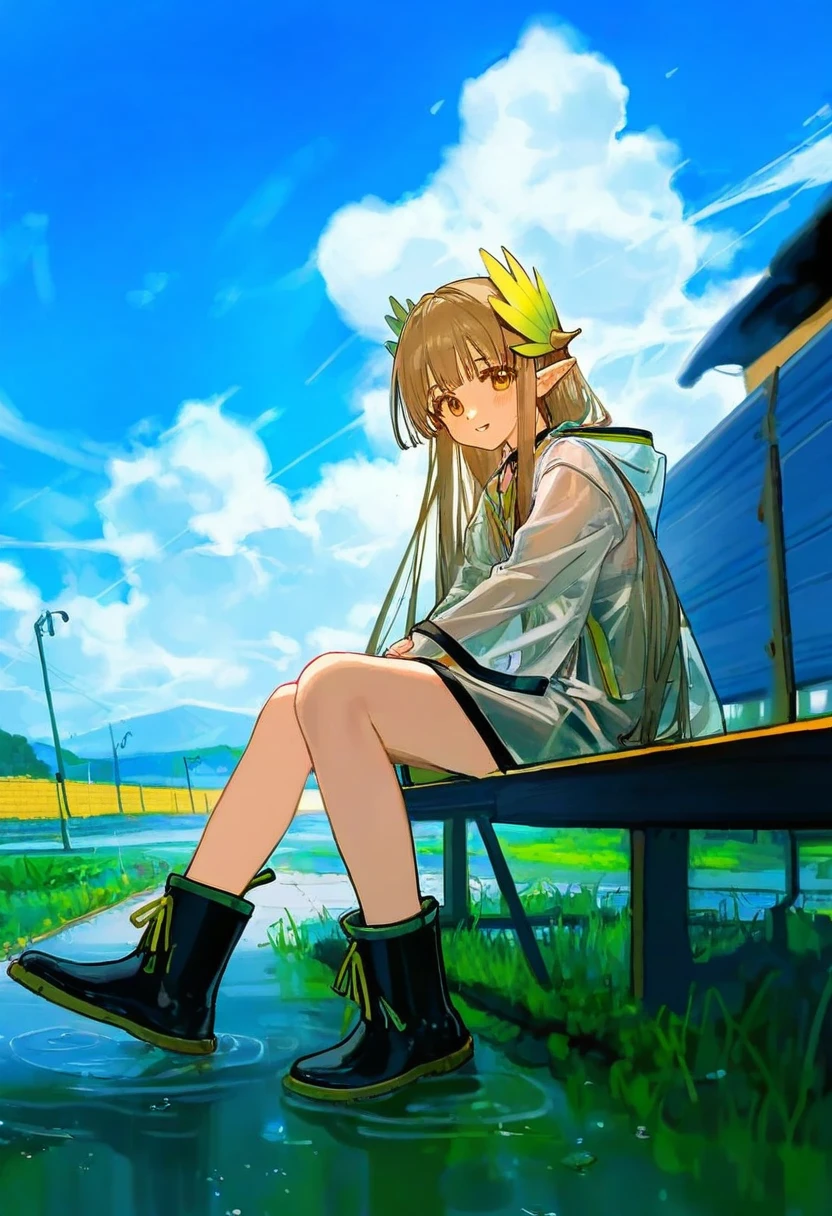 [ningenmame],ciloranko,[sho\(sho lwlw\)],[[tianliang duohe fangdongye]],[[rhasta]],[As109], - 1girl,muelsyse \(arknights\),arknights,cloudy sky,grass,on bench,outdoors,rain,road,yellow rubber boots,see-through coat,sitting,transparent raincoat,water drop,