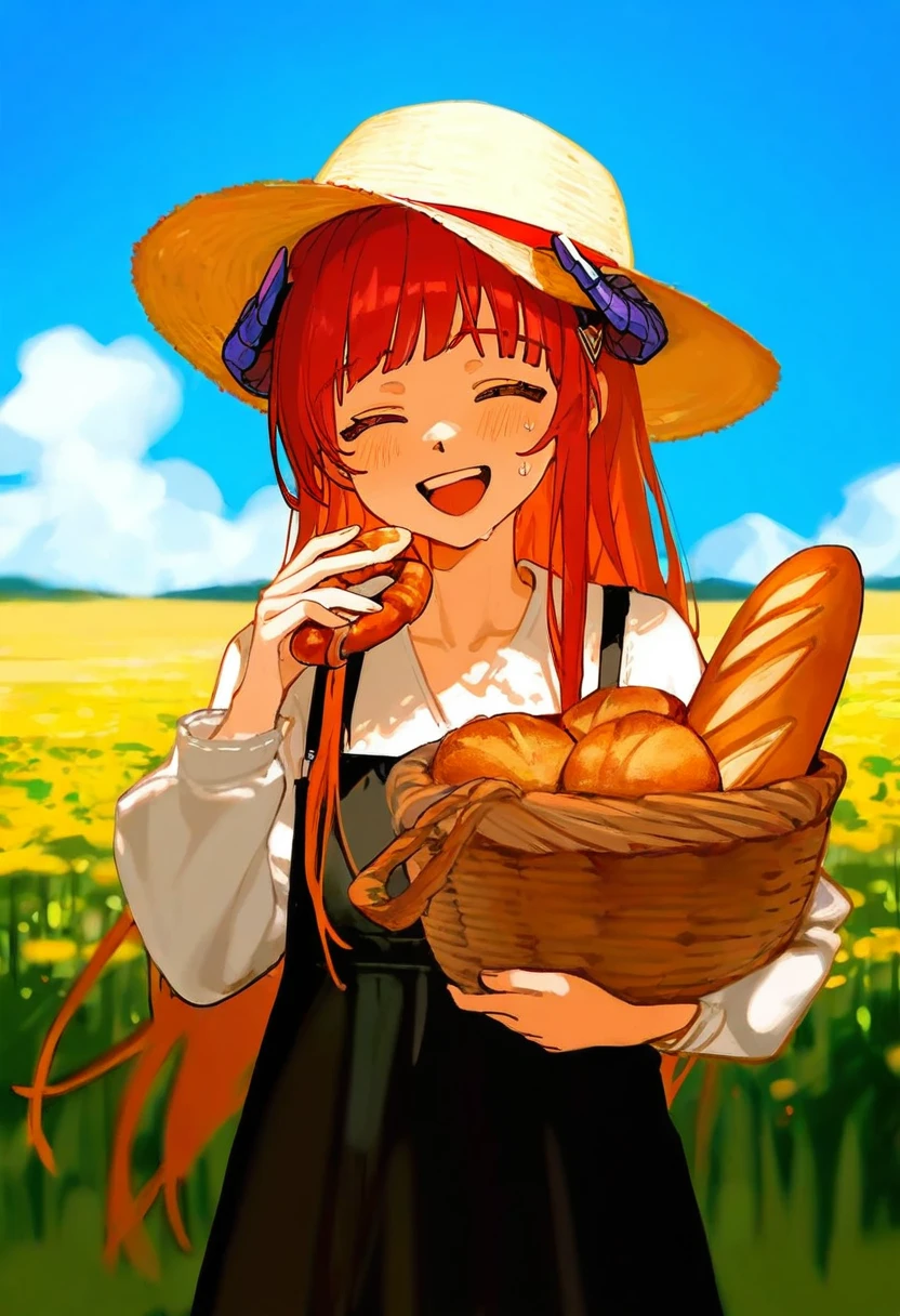 [ningenmame],ciloranko,[sho\(sho lwlw\)],[[tianliang duohe fangdongye]],[[rhasta]],[As109], - 1girl,bagpipe \(arknights\),arknights,baguette,blush,bread,croissant,holding basket,pretzel,upper body,straw hat,field,sky,laughing,sweat,sunlight,