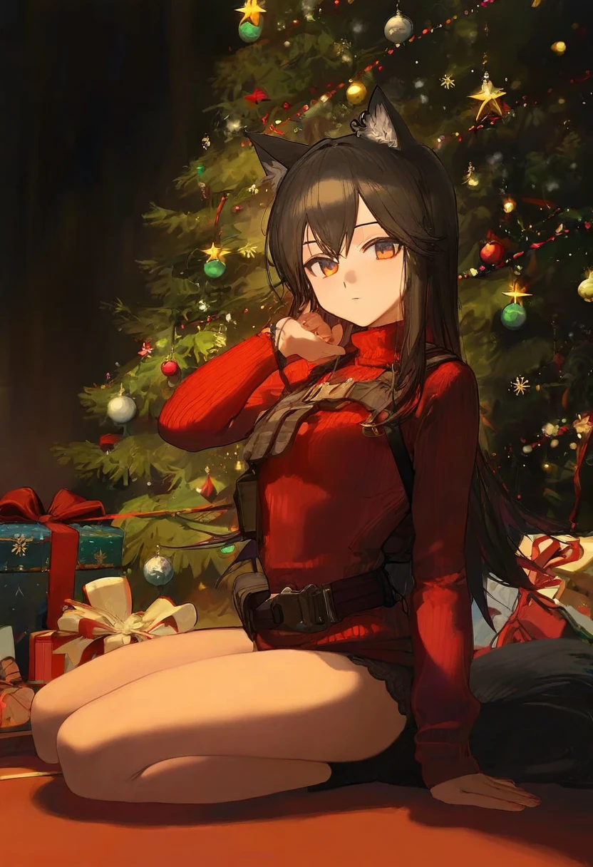 ciloranko,tianliang duohe fangdongye,[[modare]],[sho \(sho lwlw\)], - 1girl,texas \(arknights\),arknights,underwear,tactical vest,christmas tree,christmas ornaments,