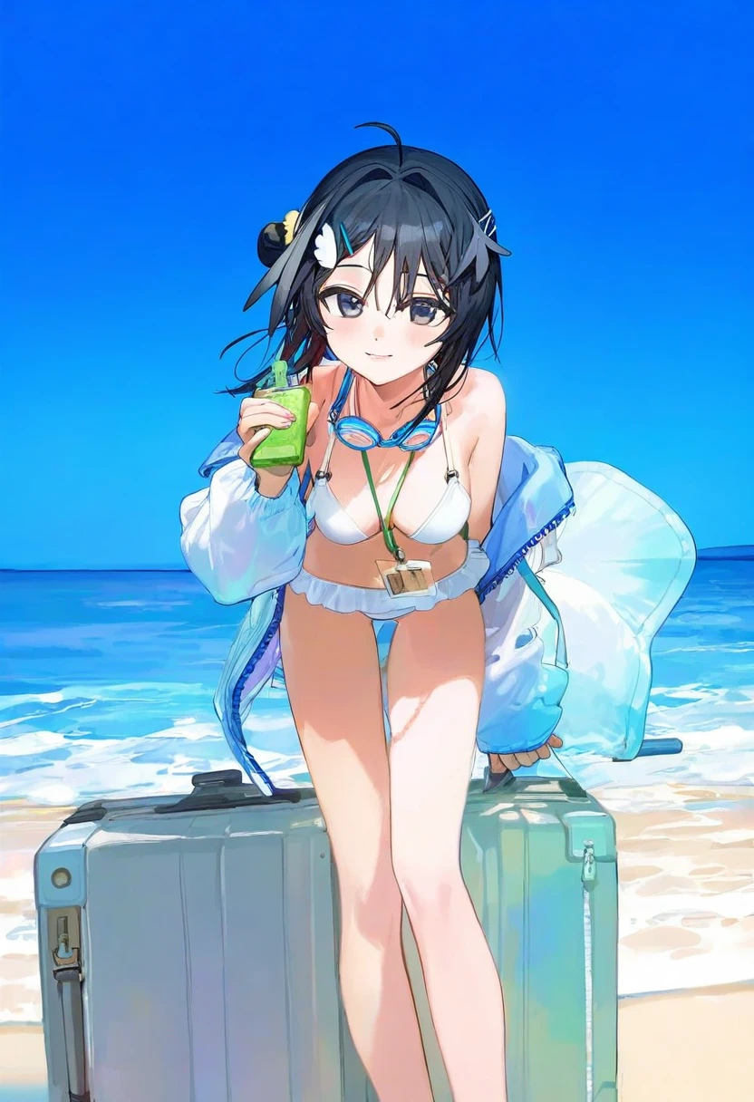 ciloranko,tianliang duohe fangdongye,[[modare]],[sho \(sho lwlw\)], - 1girl,la pluma \(summer flowers\) \(arknights\),arknights,white bikini,outdoors,navel,day,sky,blue sky,beach,suitcase,looking at viewer,ocean,low-tied long hair,leaning forward,standing,holding,frills,hand up,bare shoulders,floating hair,