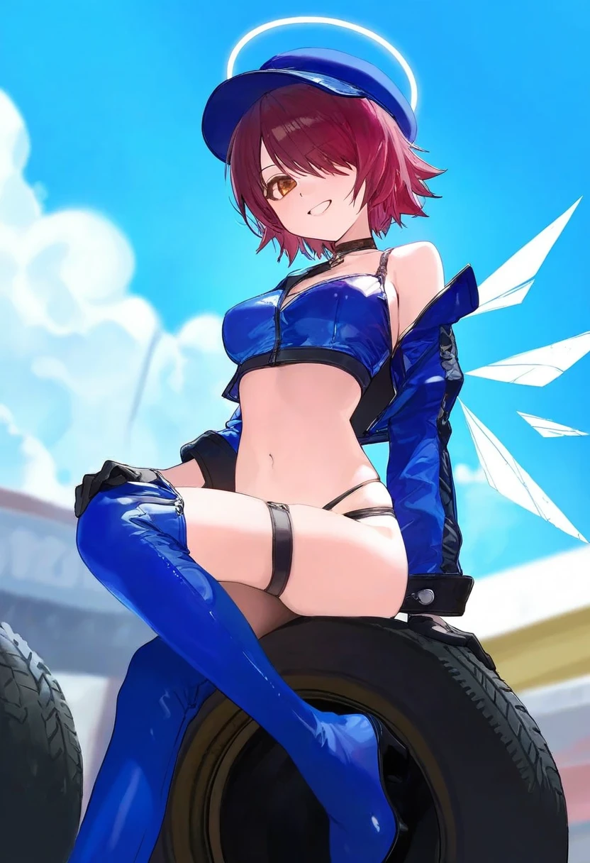 ciloranko,tianliang duohe fangdongye,[[modare]],[sho \(sho lwlw\)], - 1girl,exusiai \(arknights\),arknights,black gloves,black panties,blue thigh boots,blue hat,blue jacket,long sleeves,race queen,thigh strap,thong,single bare shoulder,skindentation,tire,