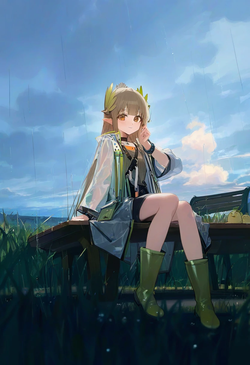 ciloranko,tianliang duohe fangdongye,[[modare]],[sho \(sho lwlw\)], - 1girl,muelsyse \(arknights\),arknights,cloudy sky,grass,on bench,outdoors,rain,road,yellow rubber boots,see-through coat,sitting,transparent raincoat,water drop,