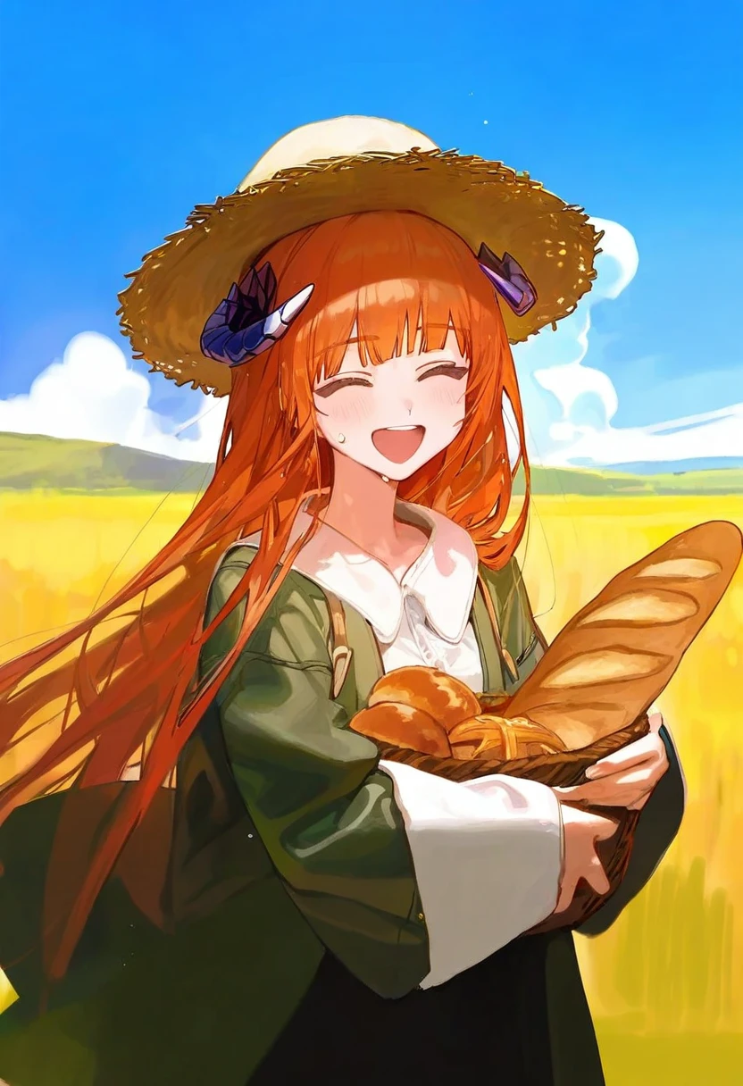 ciloranko,tianliang duohe fangdongye,[[modare]],[sho \(sho lwlw\)], - 1girl,bagpipe \(arknights\),arknights,baguette,blush,bread,croissant,holding basket,pretzel,upper body,straw hat,field,sky,laughing,sweat,sunlight,