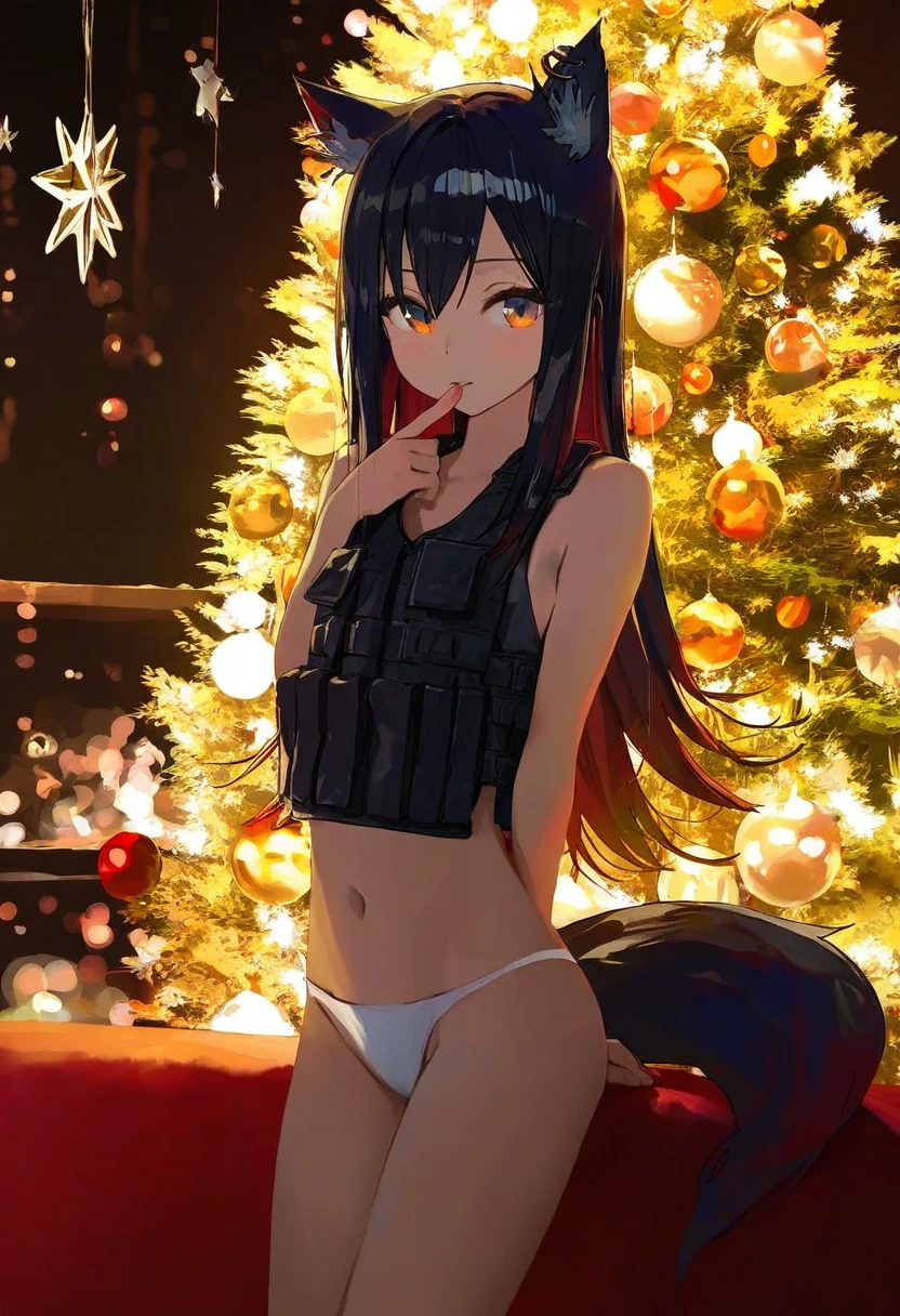 modare,ningen mame,[kedama milk],[mika pikazo],(shiroshi \(denpa eshidan\),wlop,tianliang duohe fangdongye),[ask \(askzy\)],[kantoku], - 1girl,texas \(arknights\),arknights,underwear,tactical vest,christmas tree,christmas ornaments,
