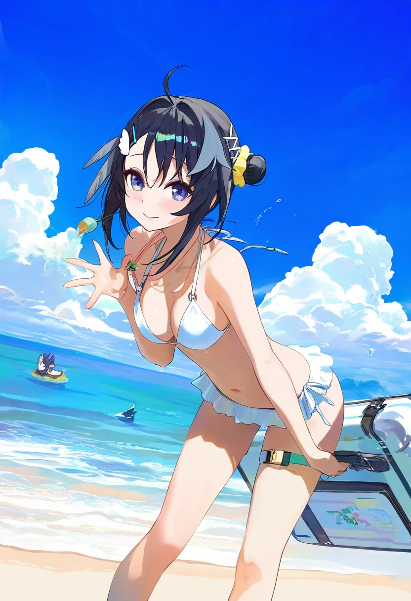 modare,ningen mame,[kedama milk],[mika pikazo],(shiroshi \(denpa eshidan\),wlop,tianliang duohe fangdongye),[ask \(askzy\)],[kantoku], - 1girl,la pluma \(summer flowers\) \(arknights\),arknights,white bikini,outdoors,navel,day,sky,blue sky,beach,suitcase,looking at viewer,ocean,low-tied long hair,leaning forward,standing,holding,frills,hand up,bare shoulders,floating hair,