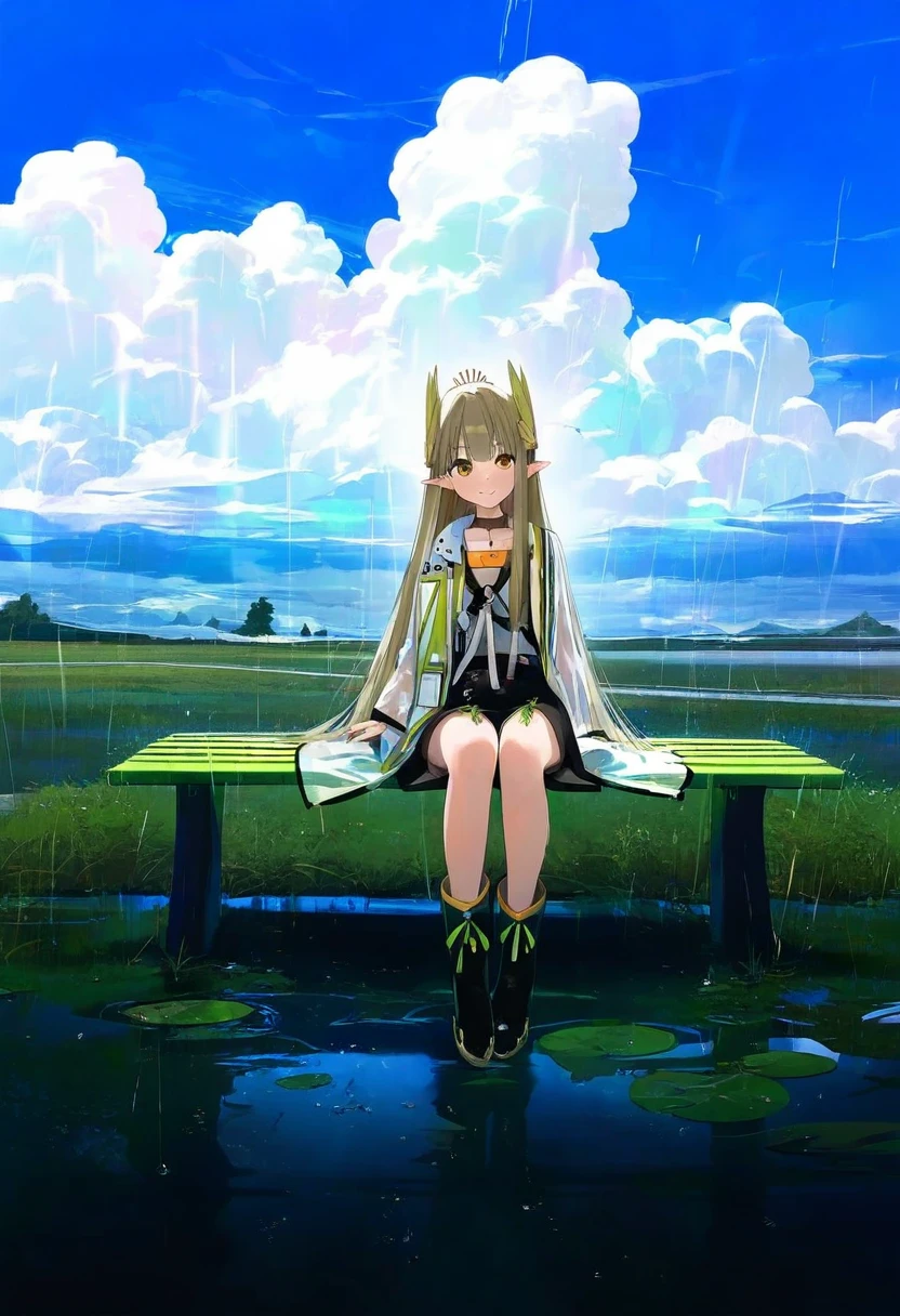 modare,ningen mame,[kedama milk],[mika pikazo],(shiroshi \(denpa eshidan\),wlop,tianliang duohe fangdongye),[ask \(askzy\)],[kantoku], - 1girl,muelsyse \(arknights\),arknights,cloudy sky,grass,on bench,outdoors,rain,road,yellow rubber boots,see-through coat,sitting,transparent raincoat,water drop,