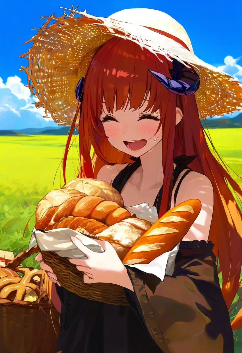modare,ningen mame,[kedama milk],[mika pikazo],(shiroshi \(denpa eshidan\),wlop,tianliang duohe fangdongye),[ask \(askzy\)],[kantoku], - 1girl,bagpipe \(arknights\),arknights,baguette,blush,bread,croissant,holding basket,pretzel,upper body,straw hat,field,sky,laughing,sweat,sunlight,