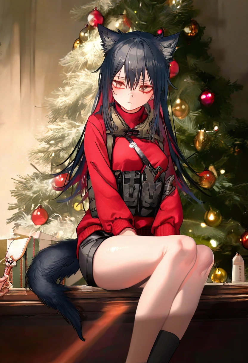 [artist sho \(sho lwlw\)],artist ciloranko,((pottsness)),[[onineko]],[[as109]], - 1girl,texas \(arknights\),arknights,underwear,tactical vest,christmas tree,christmas ornaments,