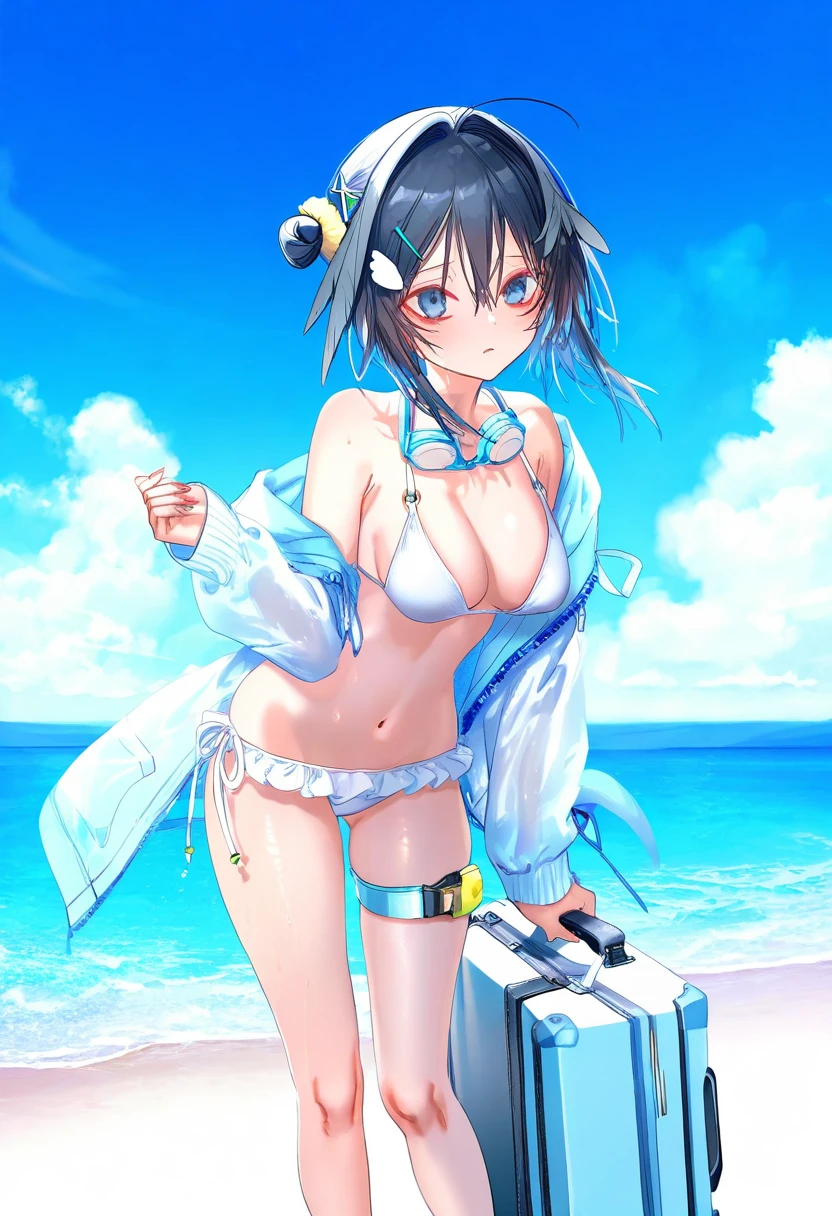 [artist sho \(sho lwlw\)],artist ciloranko,((pottsness)),[[onineko]],[[as109]], - 1girl,la pluma \(summer flowers\) \(arknights\),arknights,white bikini,outdoors,navel,day,sky,blue sky,beach,suitcase,looking at viewer,ocean,low-tied long hair,leaning forward,standing,holding,frills,hand up,bare shoulders,floating hair,