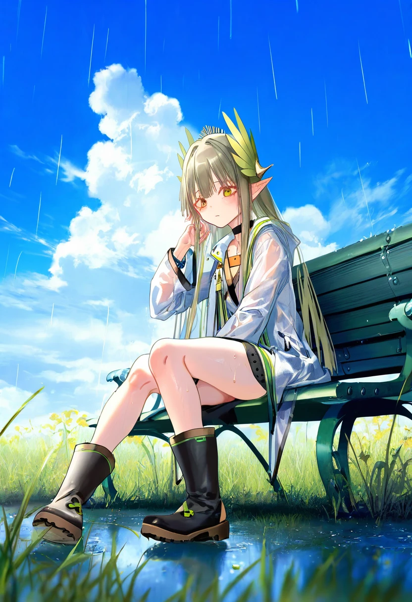 [artist sho \(sho lwlw\)],artist ciloranko,((pottsness)),[[onineko]],[[as109]], - 1girl,muelsyse \(arknights\),arknights,cloudy sky,grass,on bench,outdoors,rain,road,yellow rubber boots,see-through coat,sitting,transparent raincoat,water drop,