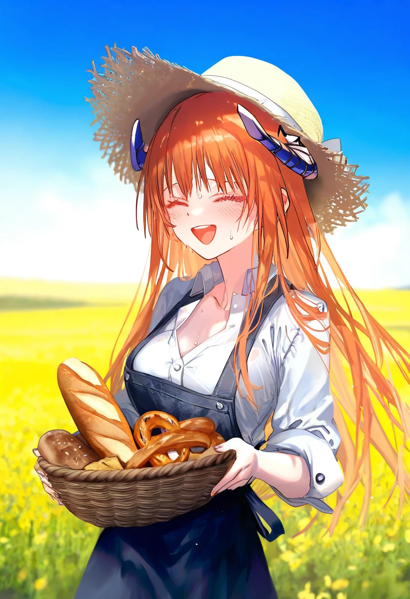 [artist sho \(sho lwlw\)],artist ciloranko,((pottsness)),[[onineko]],[[as109]], - 1girl,bagpipe \(arknights\),arknights,baguette,blush,bread,croissant,holding basket,pretzel,upper body,straw hat,field,sky,laughing,sweat,sunlight,