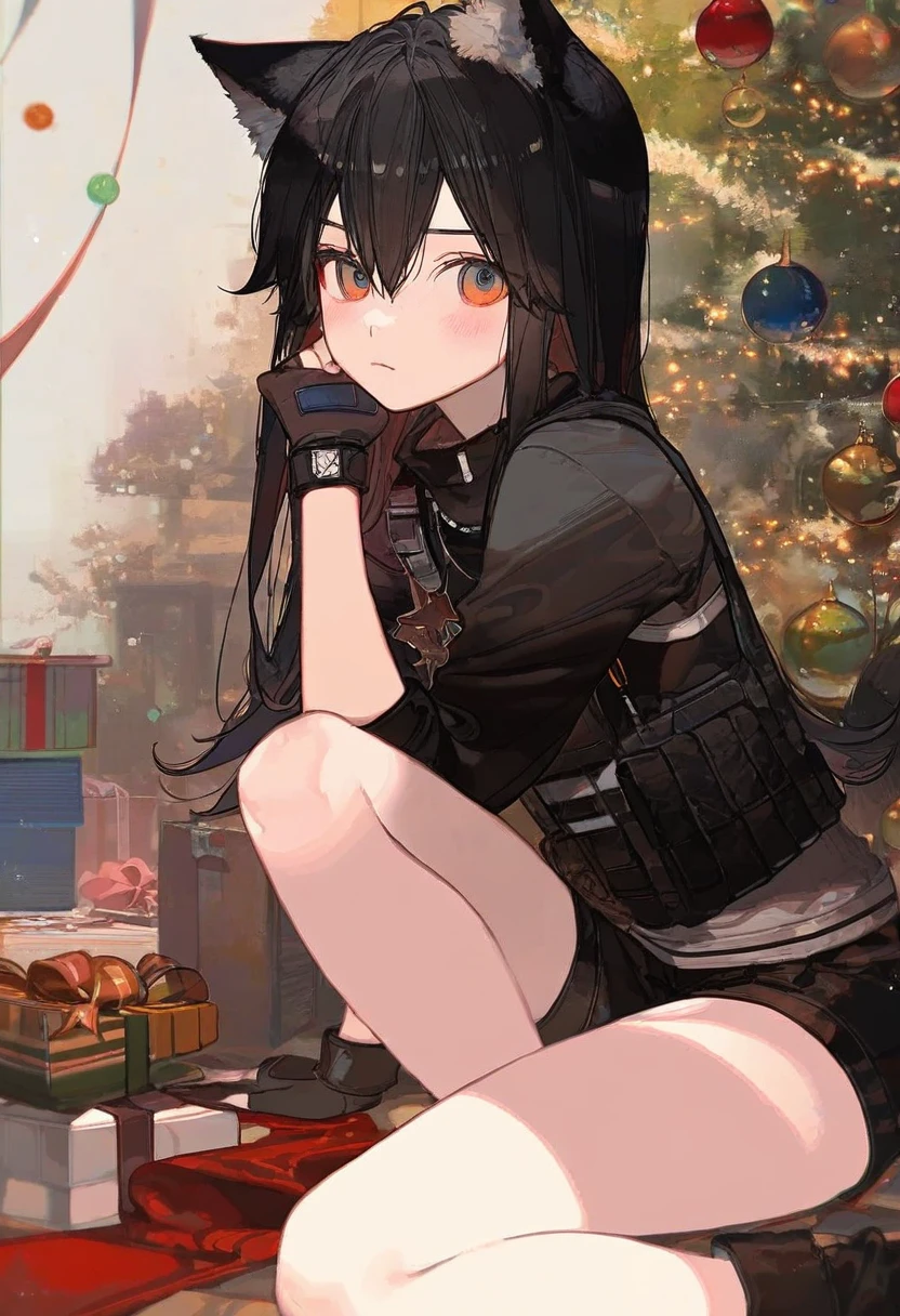 (akakura),(kawacy),(ask\(askzy\)),(onineko),(ciloranko), - 1girl,texas \(arknights\),arknights,underwear,tactical vest,christmas tree,christmas ornaments,