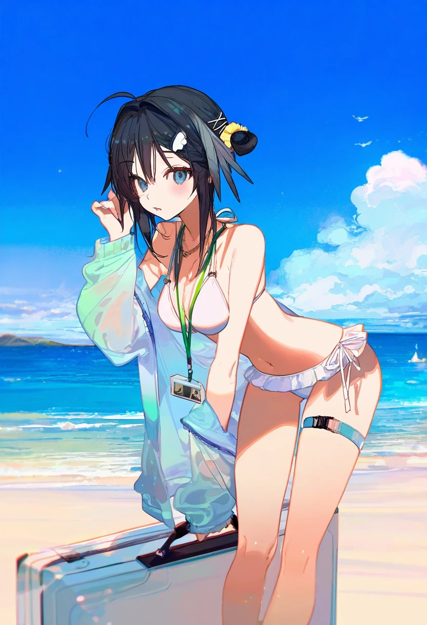 (akakura),(kawacy),(ask\(askzy\)),(onineko),(ciloranko), - 1girl,la pluma \(summer flowers\) \(arknights\),arknights,white bikini,outdoors,navel,day,sky,blue sky,beach,suitcase,looking at viewer,ocean,low-tied long hair,leaning forward,standing,holding,frills,hand up,bare shoulders,floating hair,