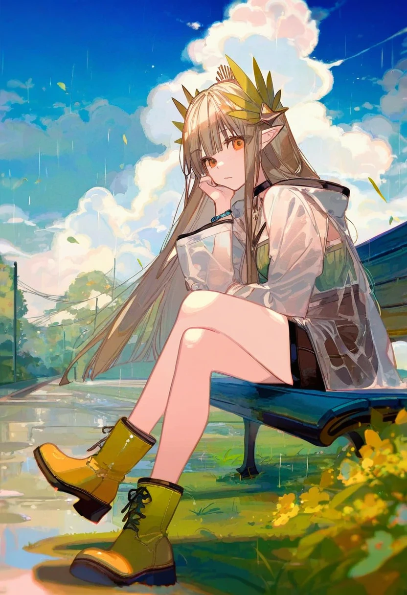 (akakura),(kawacy),(ask\(askzy\)),(onineko),(ciloranko), - 1girl,muelsyse \(arknights\),arknights,cloudy sky,grass,on bench,outdoors,rain,road,yellow rubber boots,see-through coat,sitting,transparent raincoat,water drop,