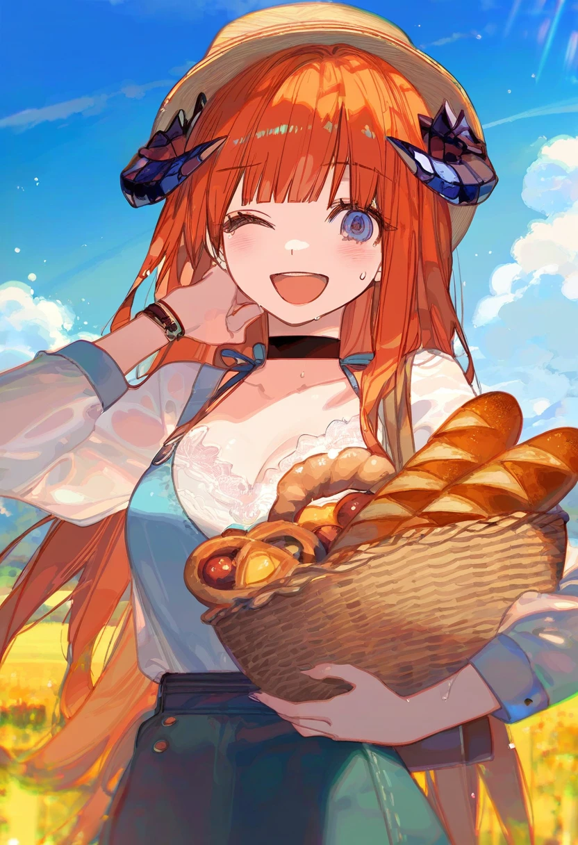 (akakura),(kawacy),(ask\(askzy\)),(onineko),(ciloranko), - 1girl,bagpipe \(arknights\),arknights,baguette,blush,bread,croissant,holding basket,pretzel,upper body,straw hat,field,sky,laughing,sweat,sunlight,