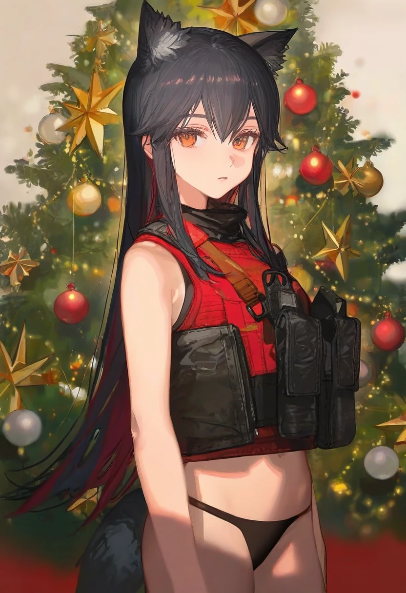 ciloranko,alphonse \(white datura\),ask \(askzy\),gomzi,you shimizu, - 1girl,texas \(arknights\),arknights,underwear,tactical vest,christmas tree,christmas ornaments,