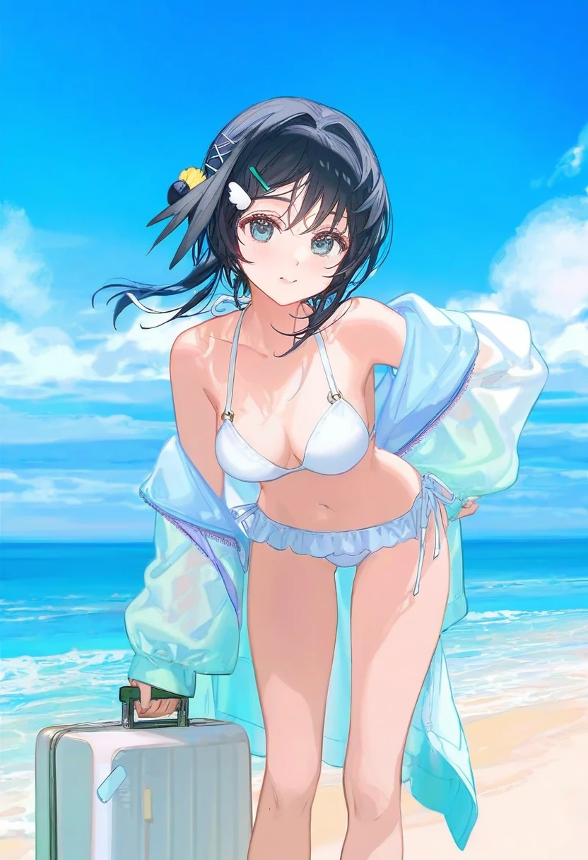 ciloranko,alphonse \(white datura\),ask \(askzy\),gomzi,you shimizu, - 1girl,la pluma \(summer flowers\) \(arknights\),arknights,white bikini,outdoors,navel,day,sky,blue sky,beach,suitcase,looking at viewer,ocean,low-tied long hair,leaning forward,standing,holding,frills,hand up,bare shoulders,floating hair,