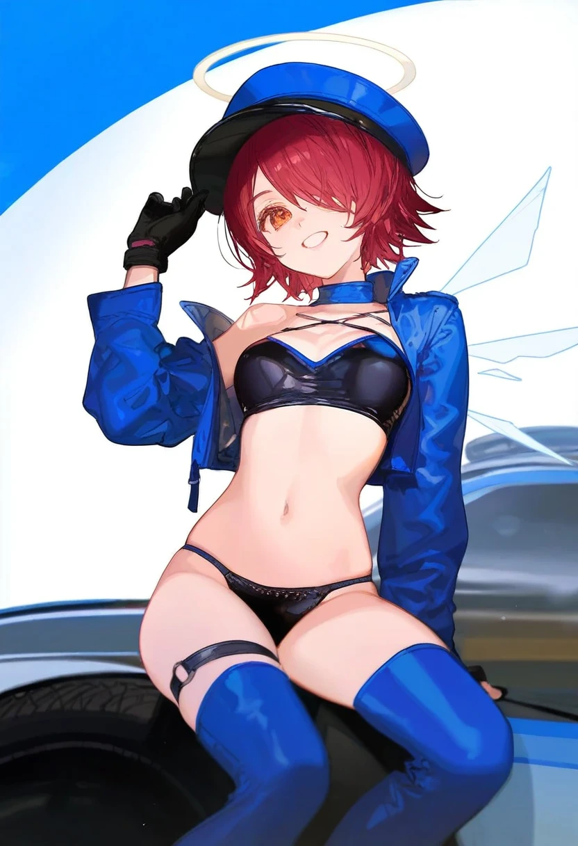 ciloranko,alphonse \(white datura\),ask \(askzy\),gomzi,you shimizu, - 1girl,exusiai \(arknights\),arknights,black gloves,black panties,blue thigh boots,blue hat,blue jacket,long sleeves,race queen,thigh strap,thong,single bare shoulder,skindentation,tire,