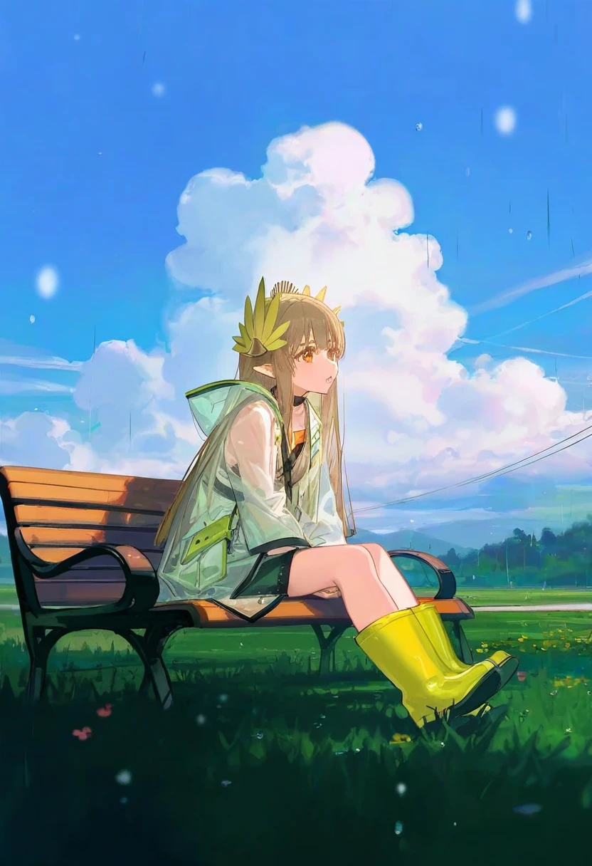 ciloranko,alphonse \(white datura\),ask \(askzy\),gomzi,you shimizu, - 1girl,muelsyse \(arknights\),arknights,cloudy sky,grass,on bench,outdoors,rain,road,yellow rubber boots,see-through coat,sitting,transparent raincoat,water drop,