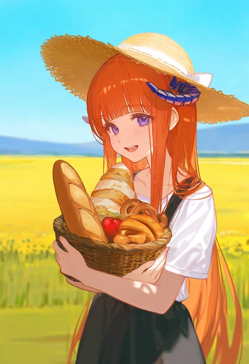 ciloranko,alphonse \(white datura\),ask \(askzy\),gomzi,you shimizu, - 1girl,bagpipe \(arknights\),arknights,baguette,blush,bread,croissant,holding basket,pretzel,upper body,straw hat,field,sky,laughing,sweat,sunlight,
