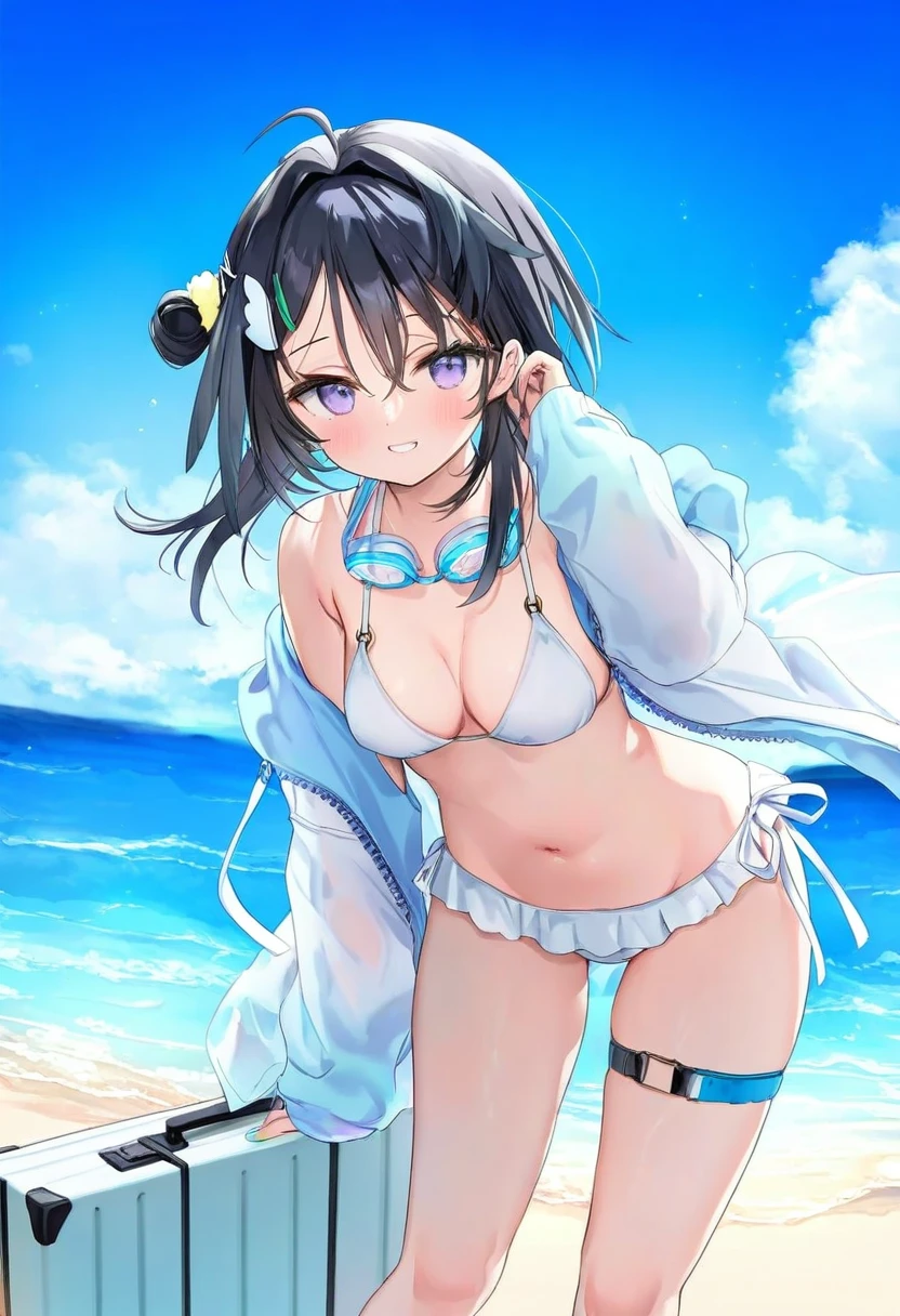 kedama milk,rucaco,kanda done,[[chen bin]],[[[[mignon]]]],[ningen mame],[[[[anmi]]]], - 1girl,la pluma \(summer flowers\) \(arknights\),arknights,white bikini,outdoors,navel,day,sky,blue sky,beach,suitcase,looking at viewer,ocean,low-tied long hair,leaning forward,standing,holding,frills,hand up,bare shoulders,floating hair,