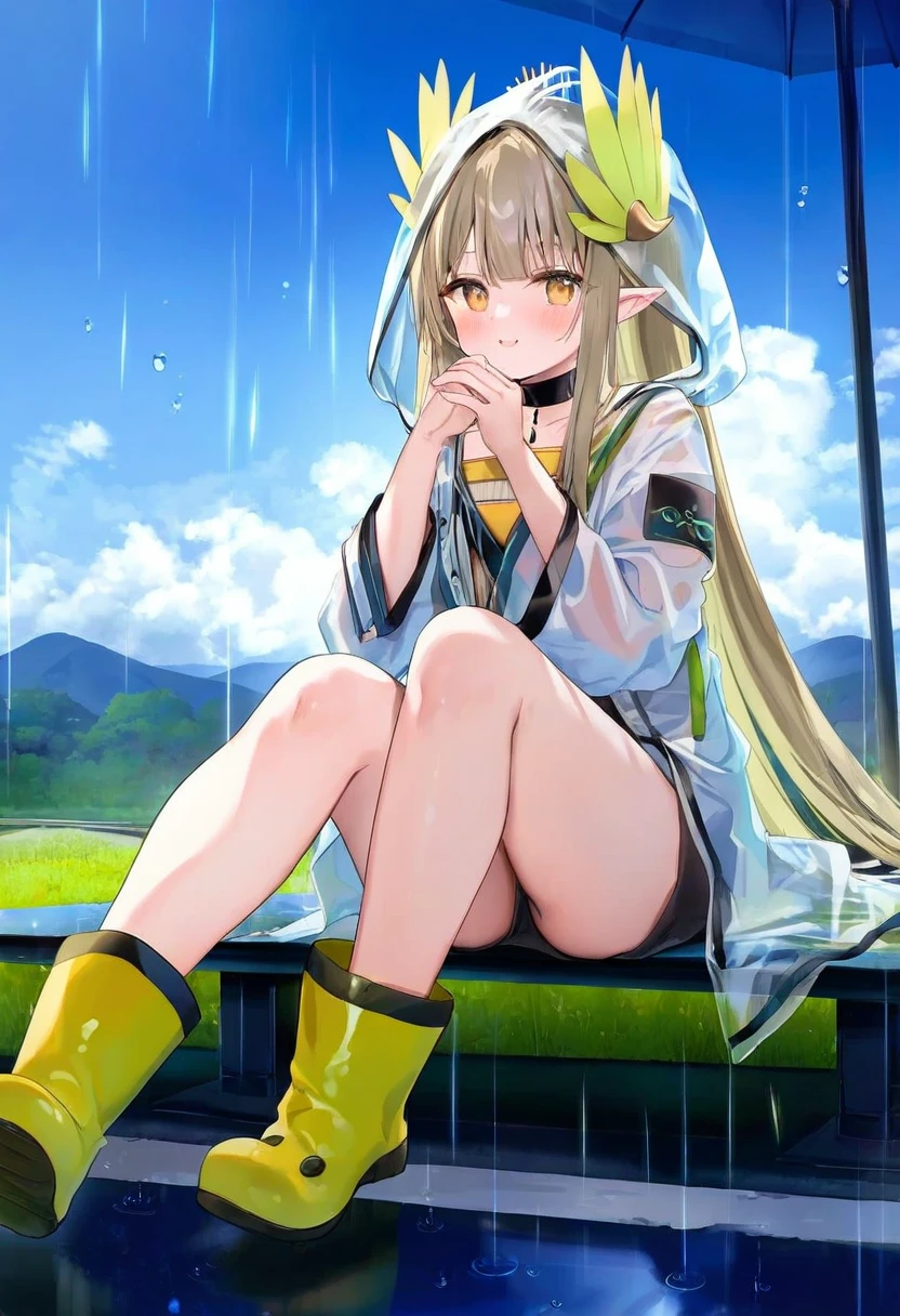 kedama milk,rucaco,kanda done,[[chen bin]],[[[[mignon]]]],[ningen mame],[[[[anmi]]]], - 1girl,muelsyse \(arknights\),arknights,cloudy sky,grass,on bench,outdoors,rain,road,yellow rubber boots,see-through coat,sitting,transparent raincoat,water drop,