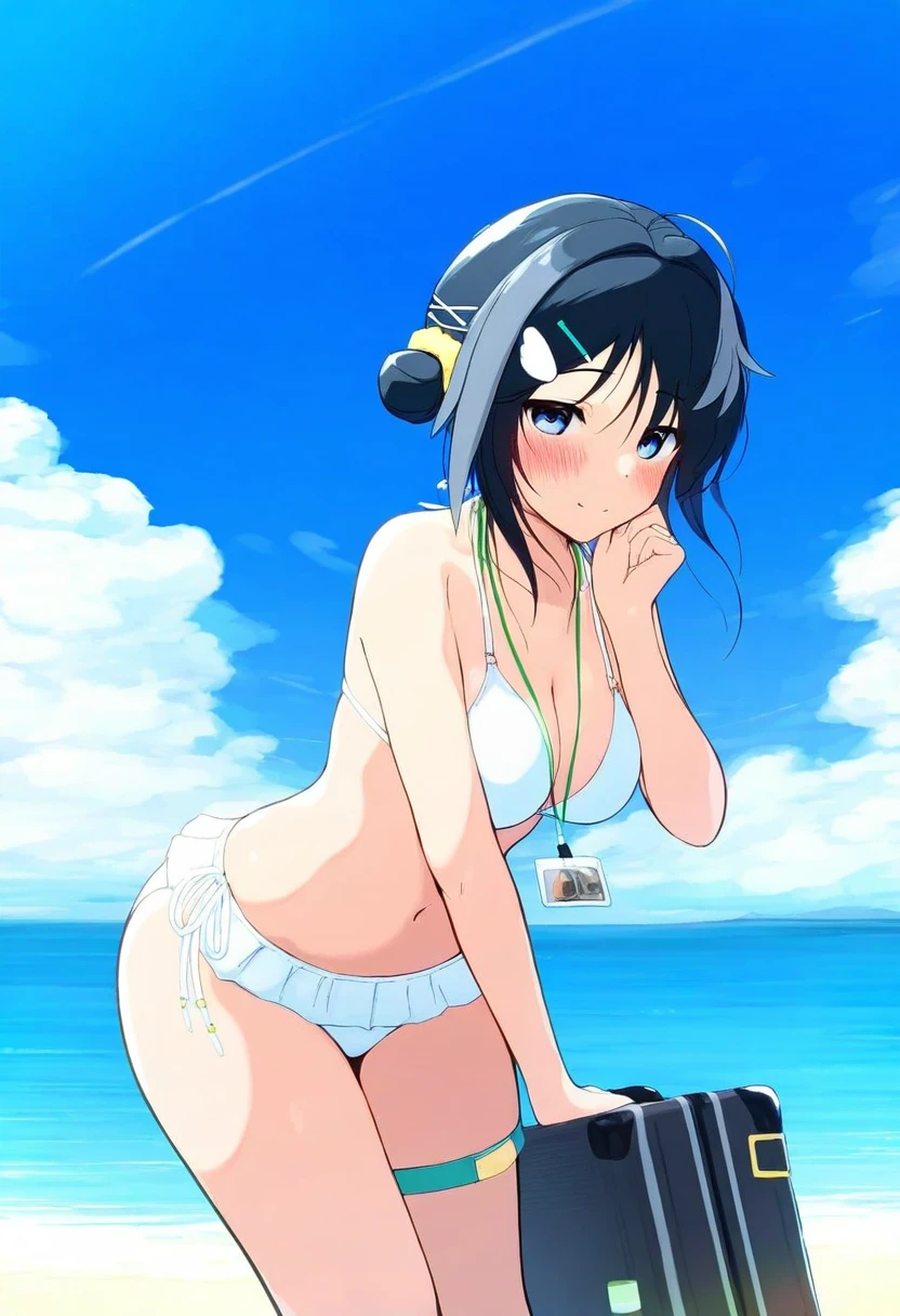 (((shacho \(ko no ha\) ))),[[tianliang duohe fangdouye]], - 1girl,la pluma \(summer flowers\) \(arknights\),arknights,white bikini,outdoors,navel,day,sky,blue sky,beach,suitcase,looking at viewer,ocean,low-tied long hair,leaning forward,standing,holding,frills,hand up,bare shoulders,floating hair,