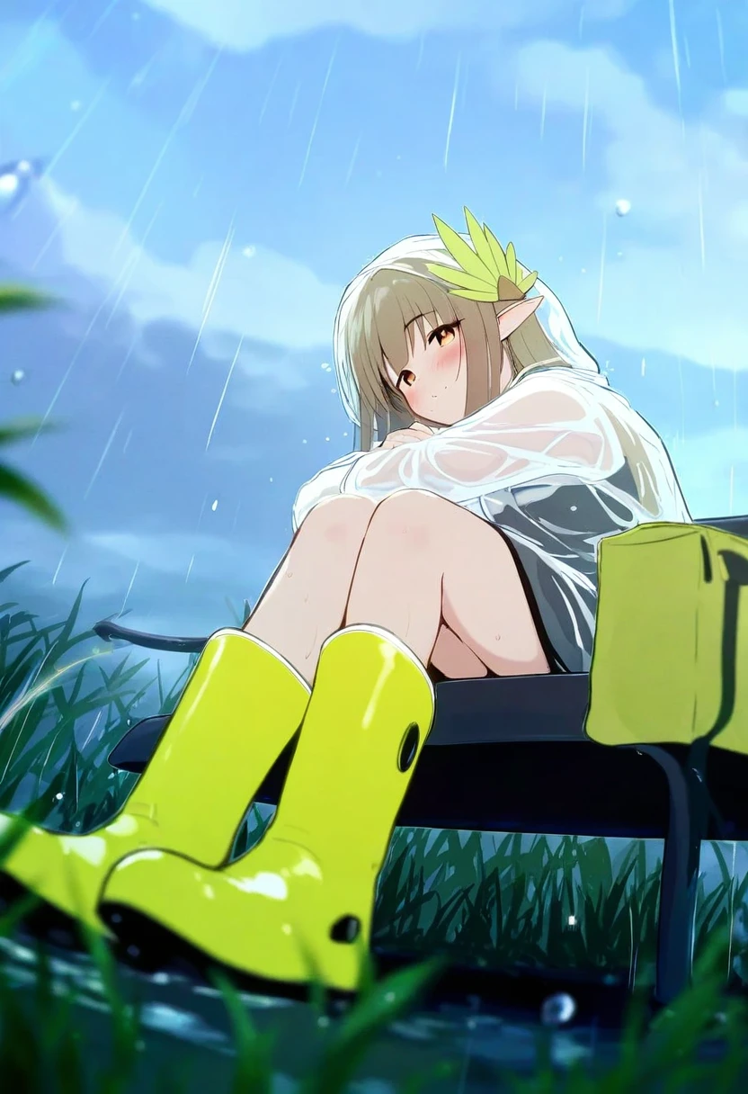 (((shacho \(ko no ha\) ))),[[tianliang duohe fangdouye]], - 1girl,muelsyse \(arknights\),arknights,cloudy sky,grass,on bench,outdoors,rain,road,yellow rubber boots,see-through coat,sitting,transparent raincoat,water drop,