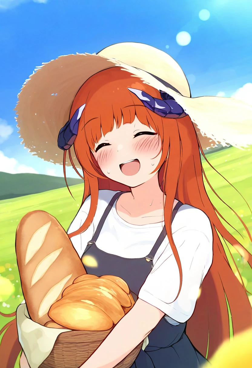 (((shacho \(ko no ha\) ))),[[tianliang duohe fangdouye]], - 1girl,bagpipe \(arknights\),arknights,baguette,blush,bread,croissant,holding basket,pretzel,upper body,straw hat,field,sky,laughing,sweat,sunlight,