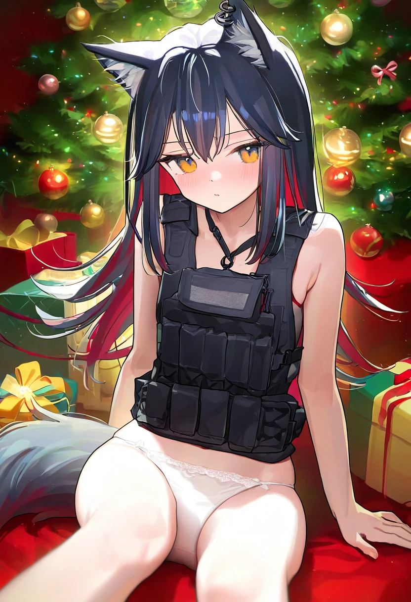 [[tianliang duohe fangdongye]],[ningen mame],[[[mignon]]],a chiki, - 1girl,texas \(arknights\),arknights,underwear,tactical vest,christmas tree,christmas ornaments,