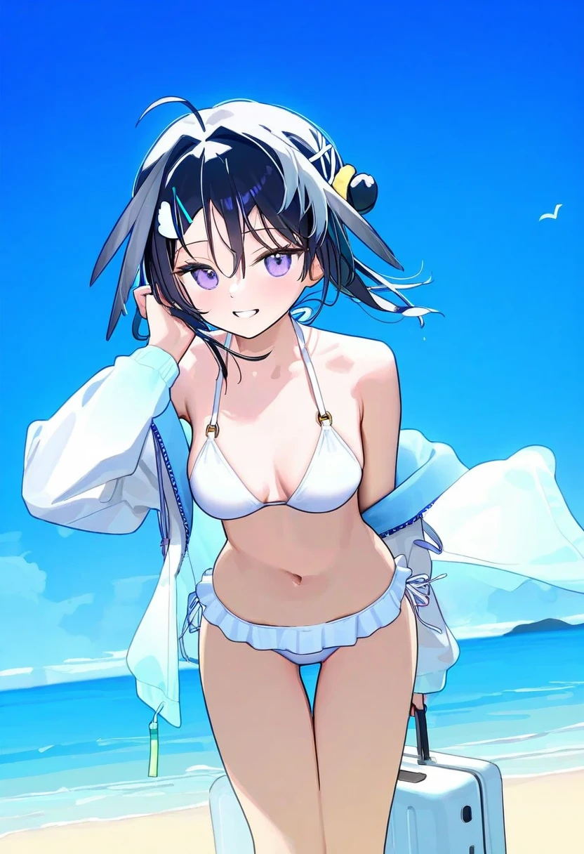 [[tianliang duohe fangdongye]],[ningen mame],[[[mignon]]],a chiki, - 1girl,la pluma \(summer flowers\) \(arknights\),arknights,white bikini,outdoors,navel,day,sky,blue sky,beach,suitcase,looking at viewer,ocean,low-tied long hair,leaning forward,standing,holding,frills,hand up,bare shoulders,floating hair,