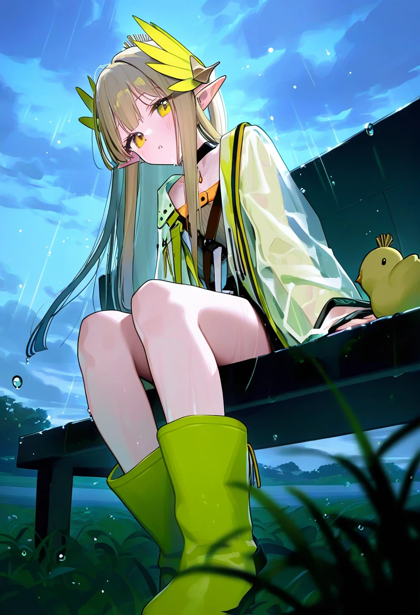 [[tianliang duohe fangdongye]],[ningen mame],[[[mignon]]],a chiki, - 1girl,muelsyse \(arknights\),arknights,cloudy sky,grass,on bench,outdoors,rain,road,yellow rubber boots,see-through coat,sitting,transparent raincoat,water drop,
