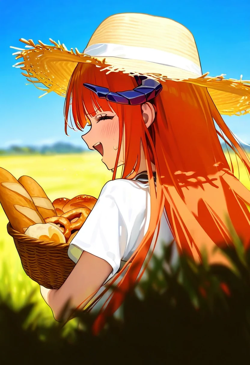 [[tianliang duohe fangdongye]],[ningen mame],[[[mignon]]],a chiki, - 1girl,bagpipe \(arknights\),arknights,baguette,blush,bread,croissant,holding basket,pretzel,upper body,straw hat,field,sky,laughing,sweat,sunlight,