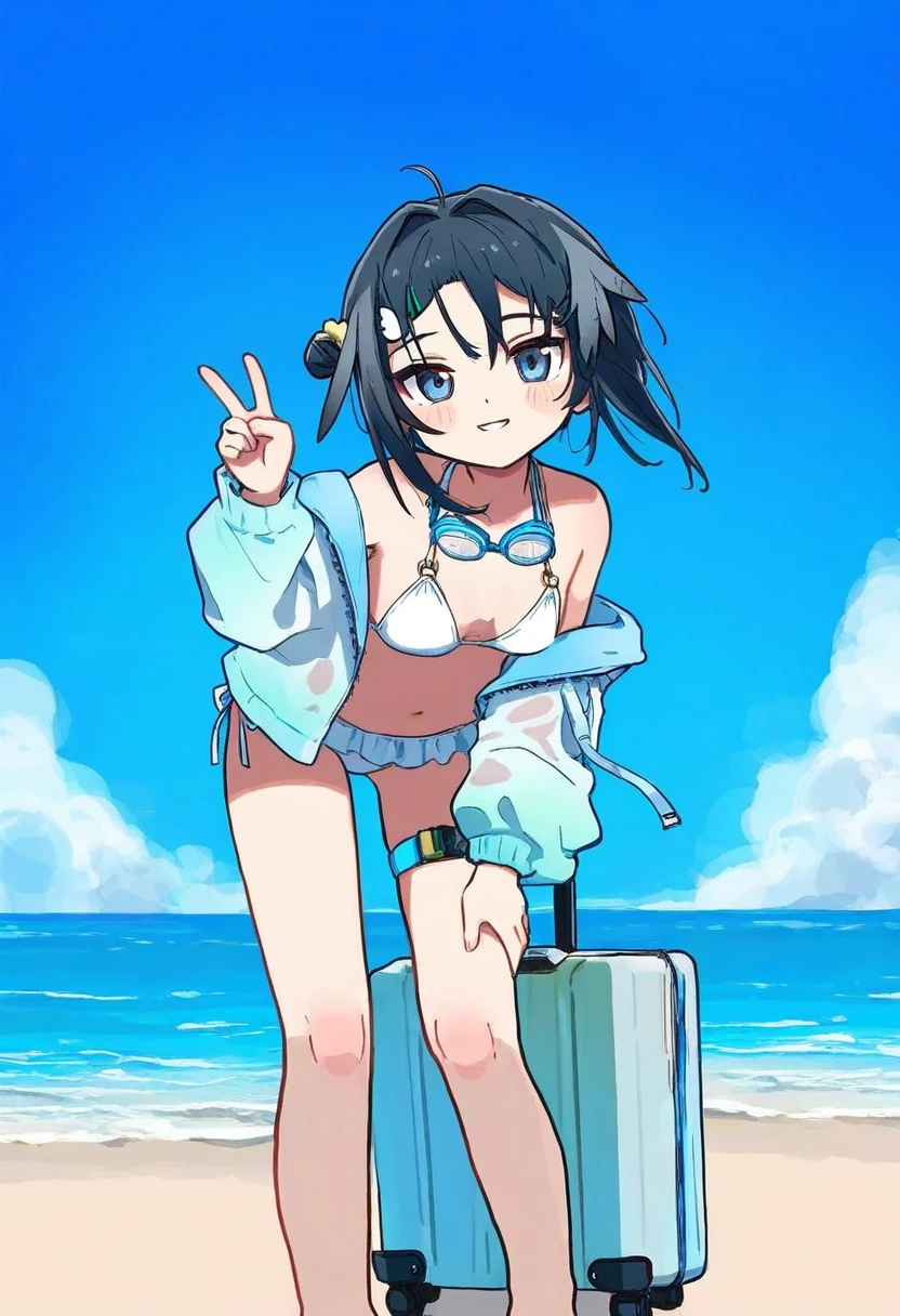 rokita,[[xinzoruo,eta,naga u]],ciloranko,ningen mame,[[as109]], - 1girl,la pluma \(summer flowers\) \(arknights\),arknights,white bikini,outdoors,navel,day,sky,blue sky,beach,suitcase,looking at viewer,ocean,low-tied long hair,leaning forward,standing,holding,frills,hand up,bare shoulders,floating hair,