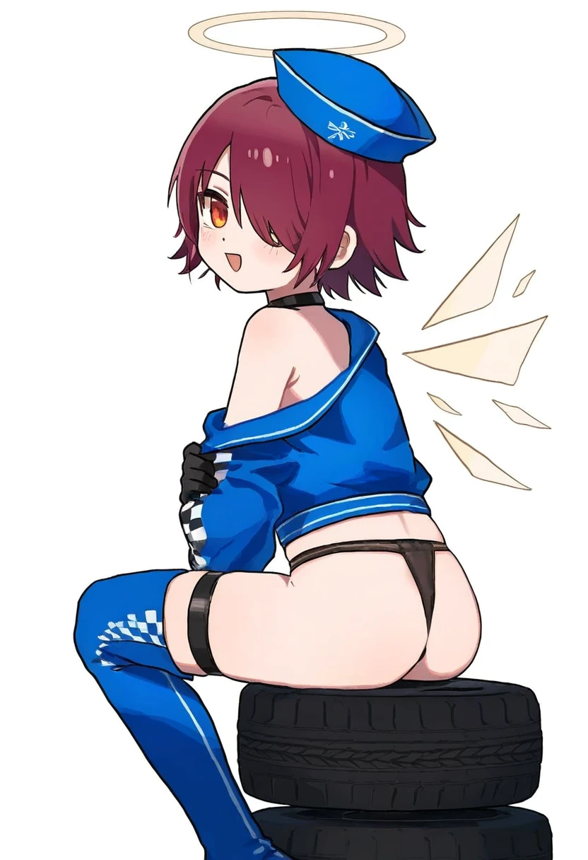 rokita,[[xinzoruo,eta,naga u]],ciloranko,ningen mame,[[as109]], - 1girl,exusiai \(arknights\),arknights,black gloves,black panties,blue thigh boots,blue hat,blue jacket,long sleeves,race queen,thigh strap,thong,single bare shoulder,skindentation,tire,