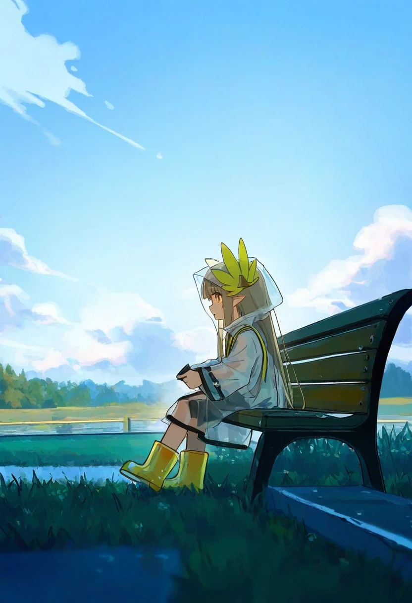 rokita,[[xinzoruo,eta,naga u]],ciloranko,ningen mame,[[as109]], - 1girl,muelsyse \(arknights\),arknights,cloudy sky,grass,on bench,outdoors,rain,road,yellow rubber boots,see-through coat,sitting,transparent raincoat,water drop,