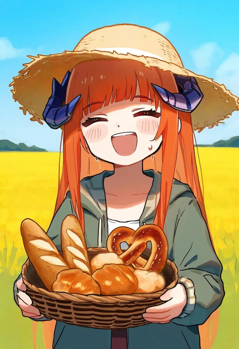 rokita,[[xinzoruo,eta,naga u]],ciloranko,ningen mame,[[as109]], - 1girl,bagpipe \(arknights\),arknights,baguette,blush,bread,croissant,holding basket,pretzel,upper body,straw hat,field,sky,laughing,sweat,sunlight,