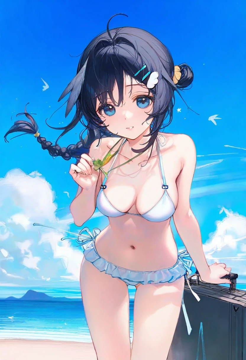 ((ciloranko,akizero1510)),[ask\(askzy\)],kedama milk,parsley-f,[maccha \(mochancc\)],[tianliang duohe fangdongye],[bee \(deadflow\)],(chen bin),[wlop],((henreader)), - 1girl,la pluma \(summer flowers\) \(arknights\),arknights,white bikini,outdoors,navel,day,sky,blue sky,beach,suitcase,looking at viewer,ocean,low-tied long hair,leaning forward,standing,holding,frills,hand up,bare shoulders,floating hair,