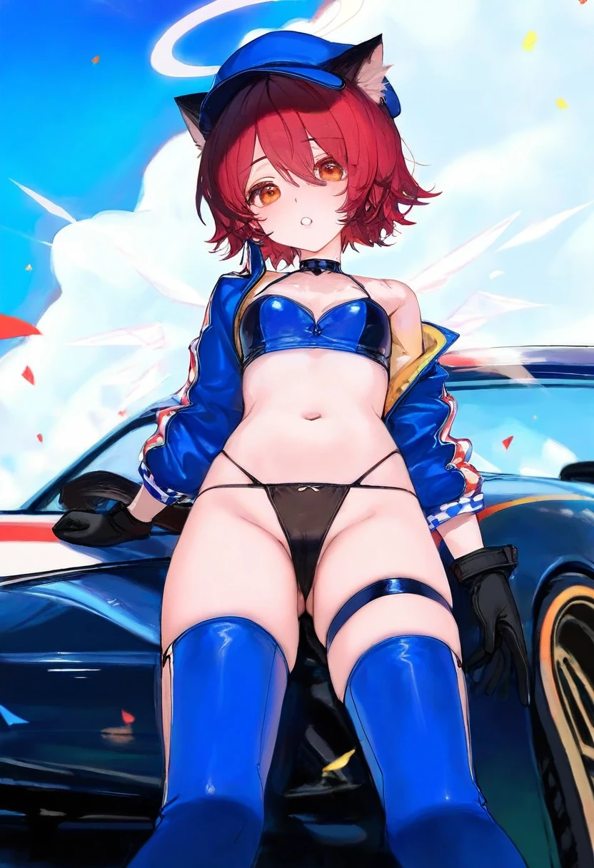 ((ciloranko,akizero1510)),[ask\(askzy\)],kedama milk,parsley-f,[maccha \(mochancc\)],[tianliang duohe fangdongye],[bee \(deadflow\)],(chen bin),[wlop],((henreader)), - 1girl,exusiai \(arknights\),arknights,black gloves,black panties,blue thigh boots,blue hat,blue jacket,long sleeves,race queen,thigh strap,thong,single bare shoulder,skindentation,tire,